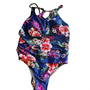 Kona Sol‎ Navy Blue Floral One Piece Swimsuit, 24 Wide, New!
